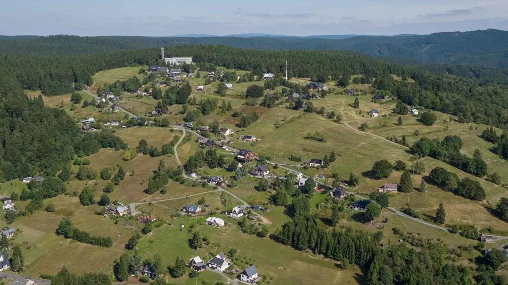 Luftaufnahme Aschberg Luftaufnahme des Aschbergs mit verstreuten Wohnhäusern auf grünen Wiesen und Hängen, umgeben von dichten Nadelwäldern unter klarem Himmel.