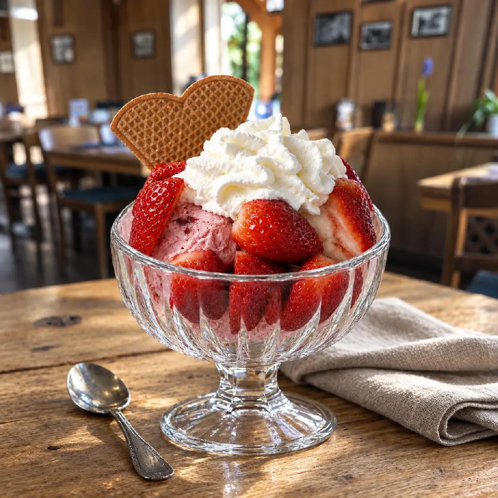 Fruchtiger Erdbeereisbecher mit reichlich frischen Erdbeeren, Erdbeereis, Schlagsahne und knuspriger Waffel