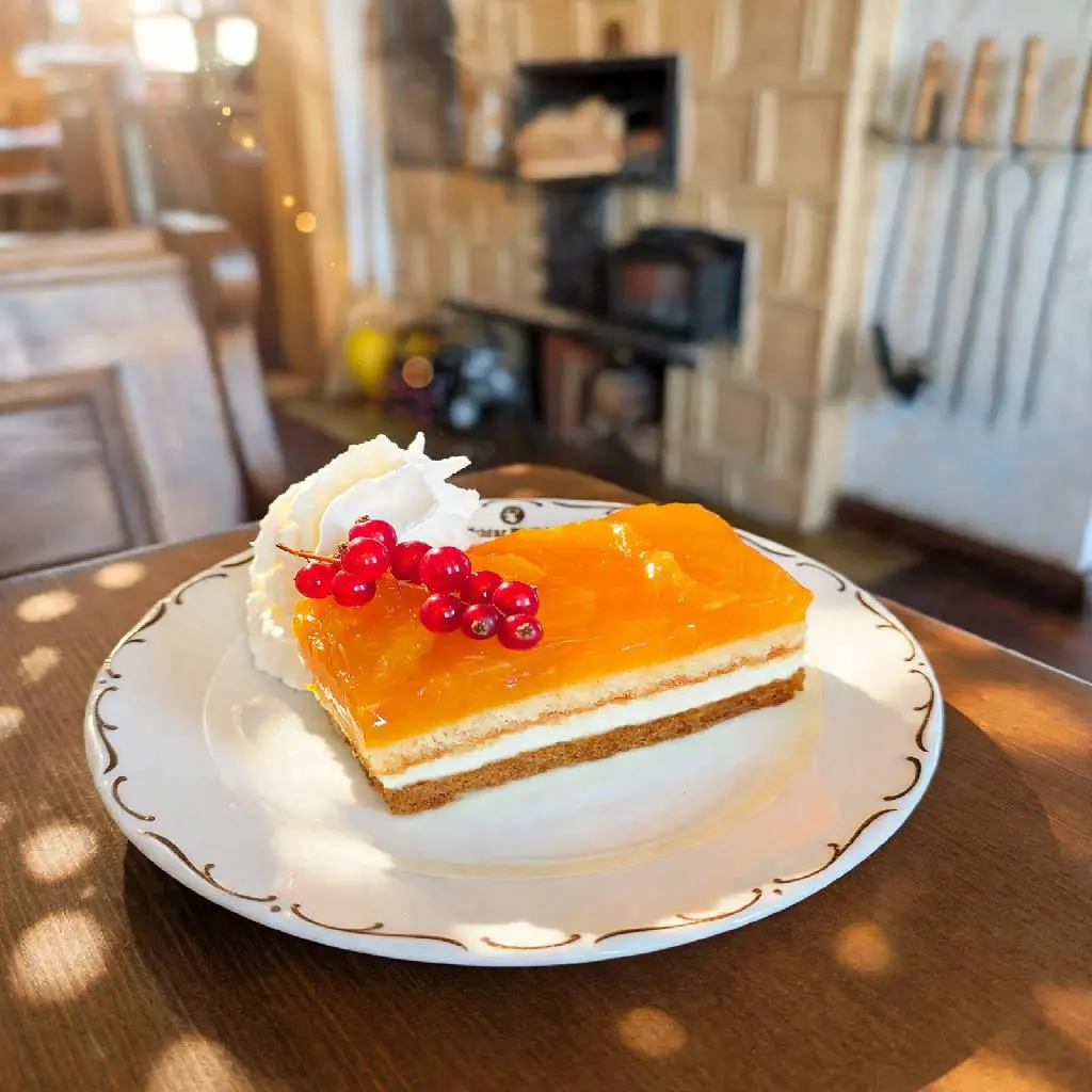 Frisches Stück fruchtiger Mandarinen-Schmandkuchen mit Glanzspiegel, garniert mit Johannisbeeren und Sahne